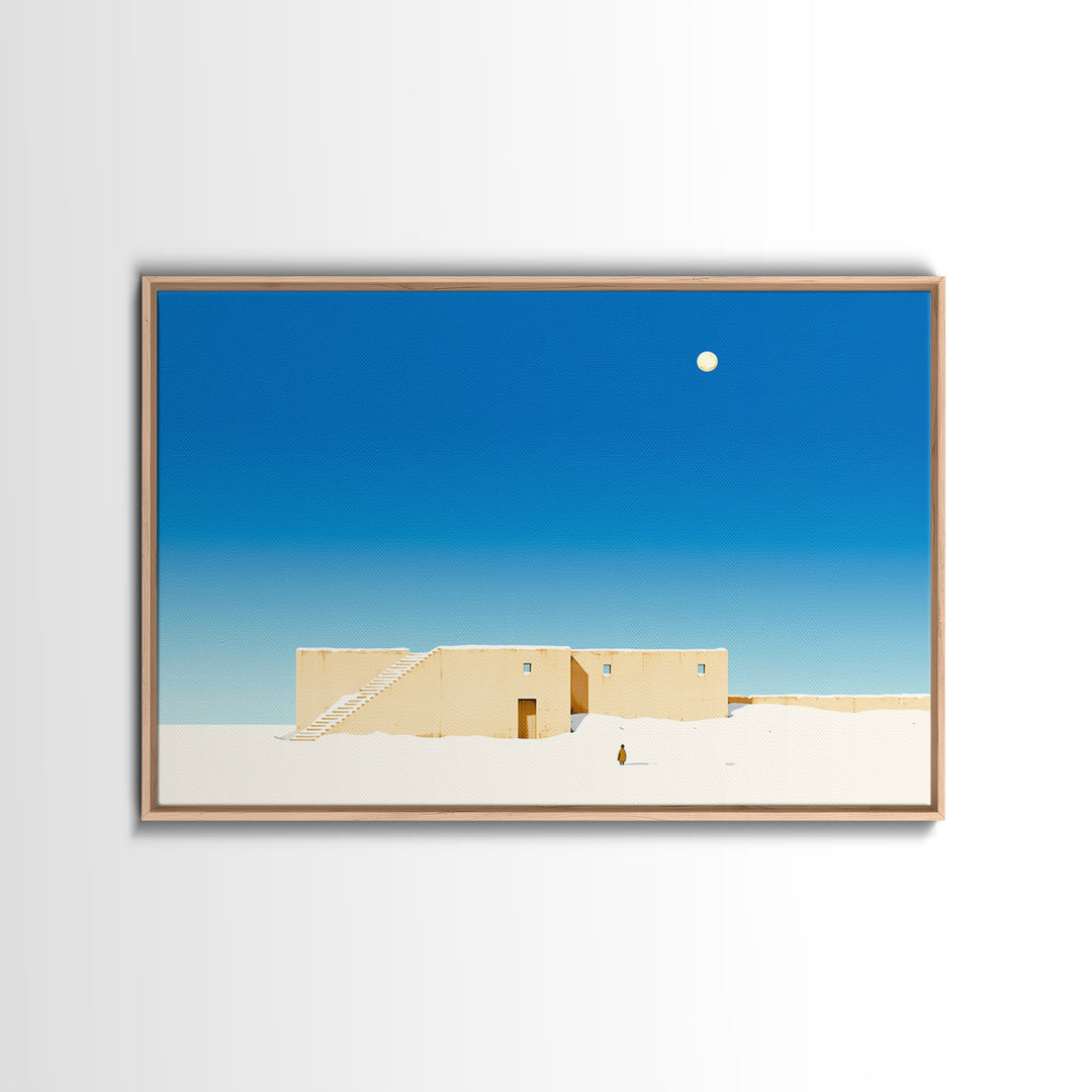 Minimalist Adobe Desert House Canvas Print, Blue Sky Architecture, Beige Wall Art, Modern Southwestern Style Home Decor Gift