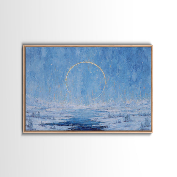 Blue Frozen Lake With Golden Ring Wall Art, Dreamy Landscape, Modern Canvas Art, Textured Blue Home Decor, Spiritual Gift