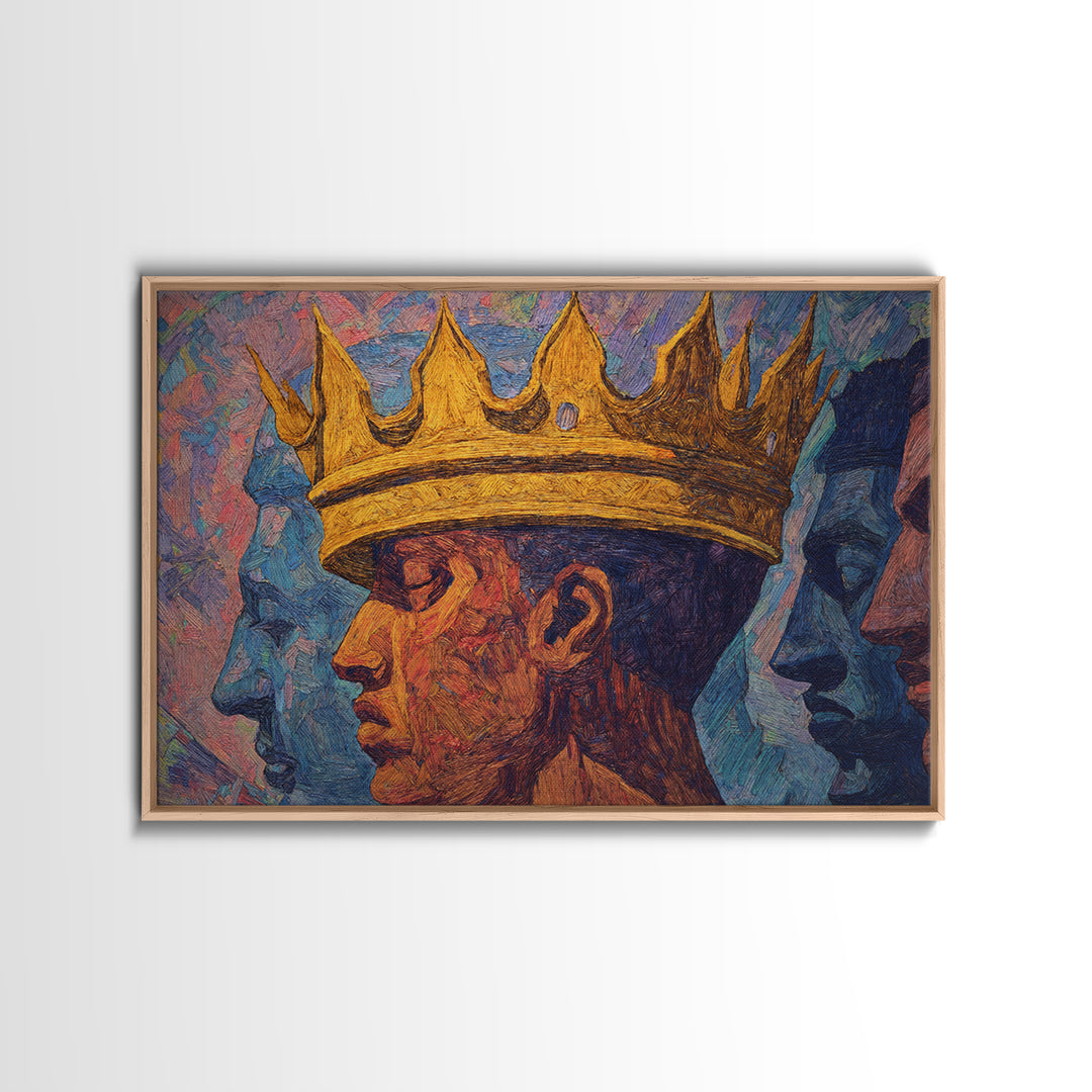 Crowned African King Portrait With Blue Spirit Faces Wall Art, Afrocentric Black History Gift, African American Art Decor
