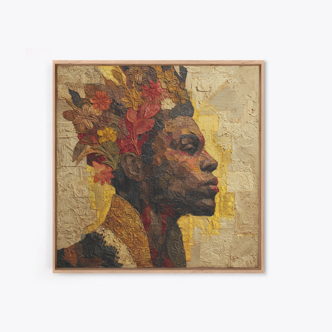 Expressive Portrait with Ornate Floral Background and Canvas Print, African Inspired Art, Fine Art Print, Living Room Decor, AIA-1x1-29