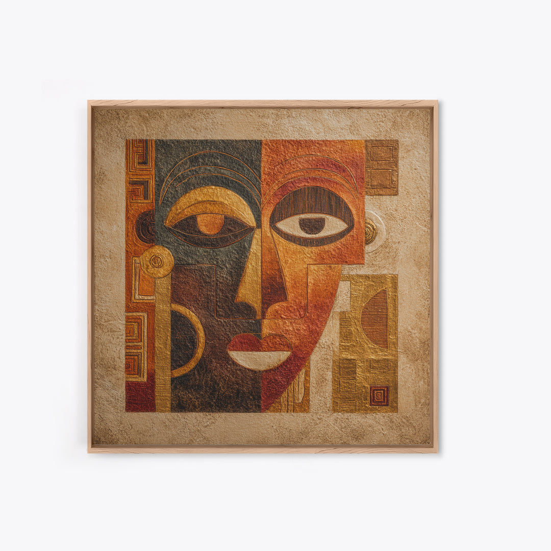 Minimalist African Line Art Faces on Parchment Canvas Print, African Inspired Art, African Wall Art, Living Room Decor, AIA-1x1-34