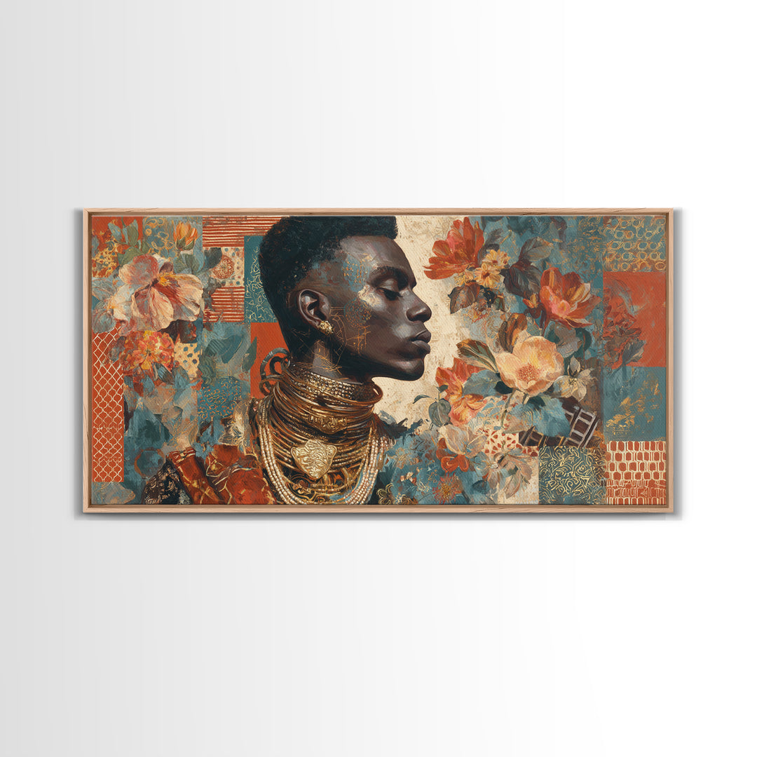 Expressive Portrait with Ornate Floral Background and Canvas Print, African Inspired Art, Abstract Art, Living Room Decor, AIA-2x1-49