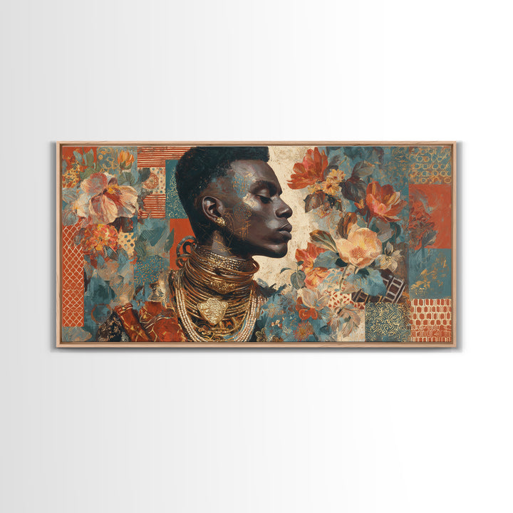 Expressive Portrait with Ornate Floral Background and Canvas Print, African Inspired Art, Abstract Art, Living Room Decor, AIA-2x1-49