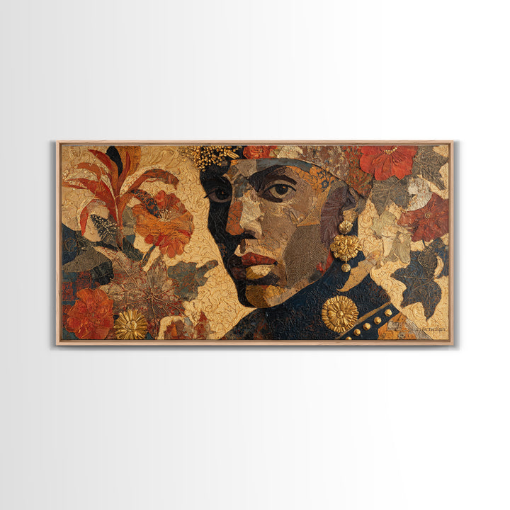 Expressive Portrait with Ornate Floral Background and Canvas Print, African Inspired Art, Abstract Art, Living Room Decor, AIA-2x1-73
