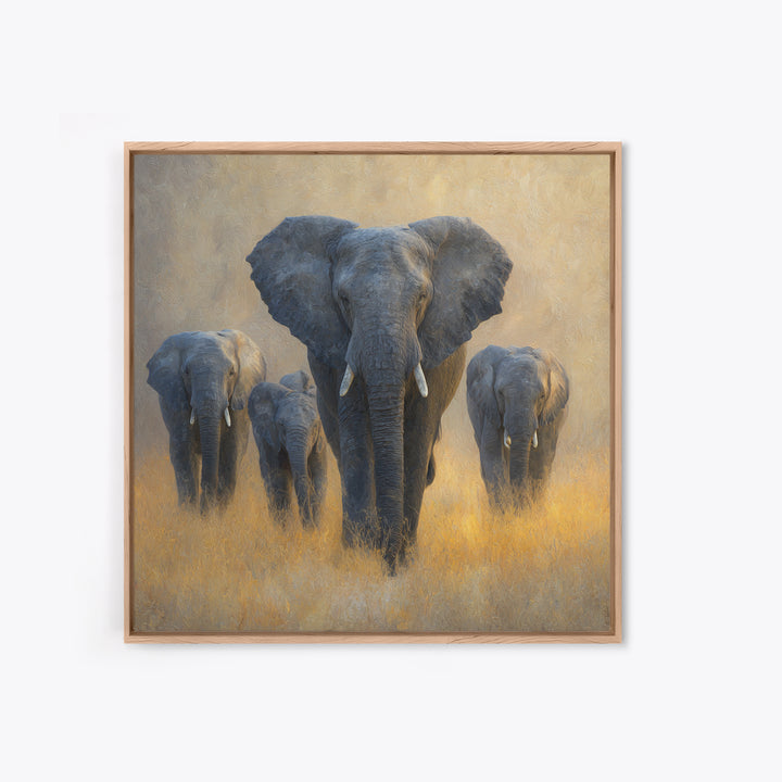 Elephant Family Walking Through Dusty Golden Light Canvas Print, Animal Art, Living Room Decor, Creature, Fine Art Print, ANI-1x1-14