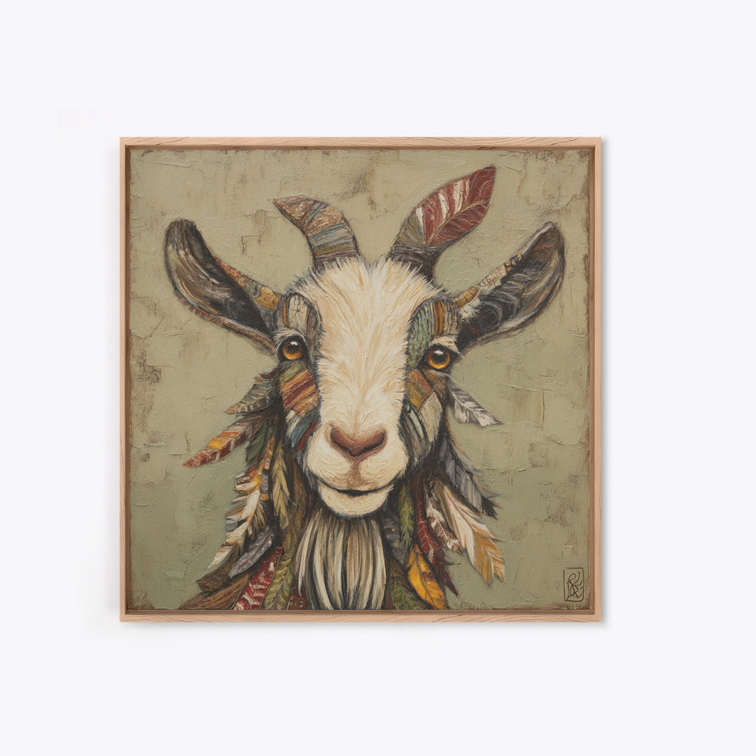 Goat Portrait with Rustic Folk Art Personality Framed Canvas Print, Animal Art, Cat Art, Living Room Decor, Fine Art, Creature, ANI-1x1-21