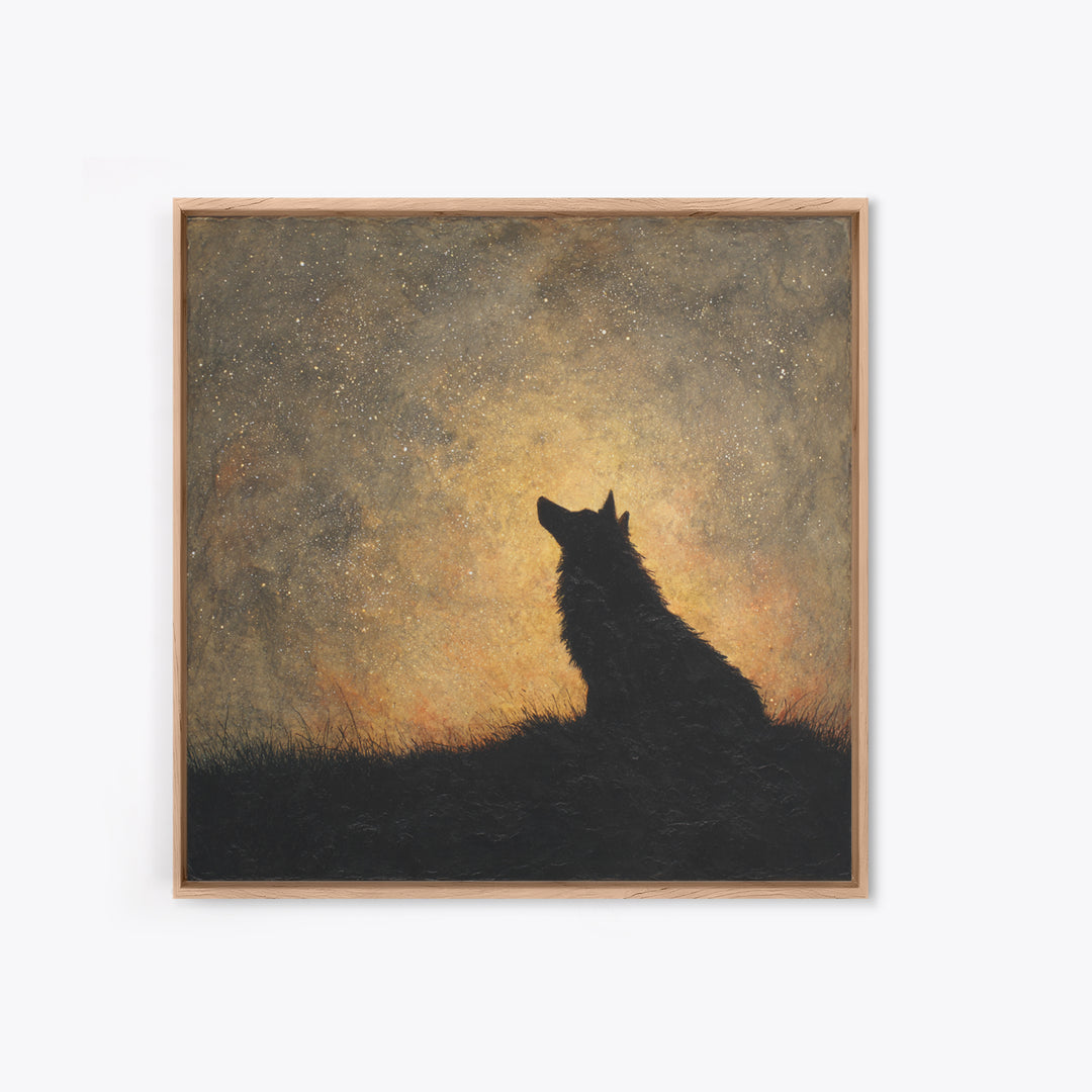Wolf Silhouette Beneath a Star Filled Sky Canvas Print, Animal Art, Printable Art, Living Room Decor, Oil Painting, Creature, ANI-1x1-22