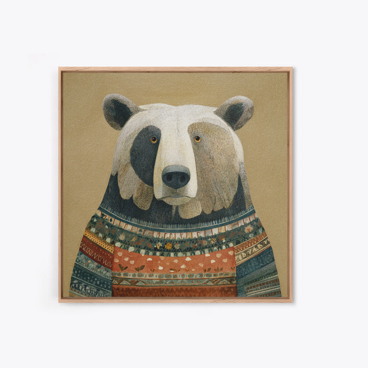Whimsical Bear in a Patterned Sweater with Canvas Print, Animal Art, Modern Wall Art, Living Room Decor, Fine Art, Creature, ANI-1x1-26