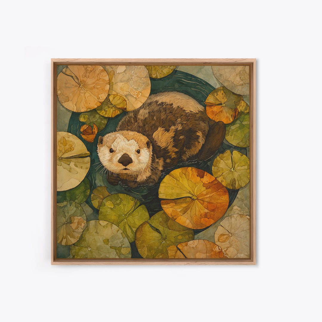 Playful Otter Floating Among Lily Pads Framed Canvas Print, Animal Art, Gallery Decor, Living Room Decor, Fine Art, Creature, ANI-1x1-32
