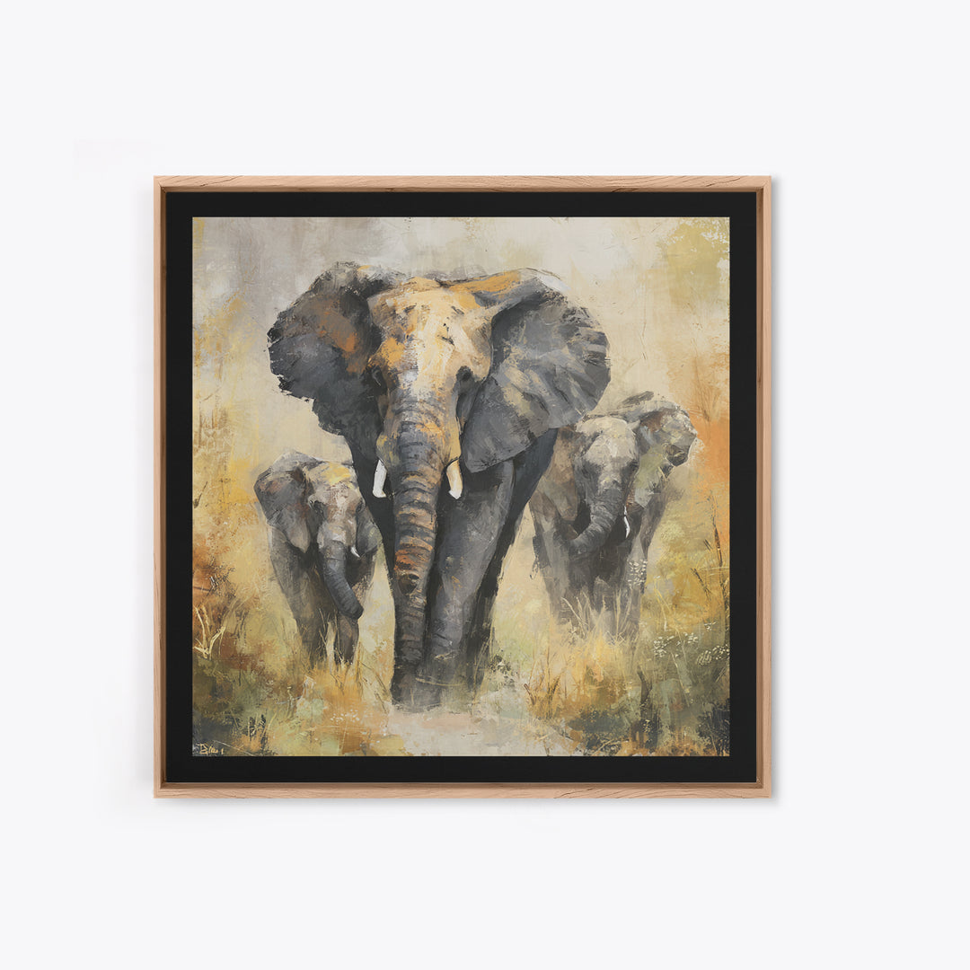 Elephant Family Walking Through Dusty Golden Light Canvas Print, Animal Art, Safari Nursery Decor, Living Room Decor, Creature, ANI-1x1-38