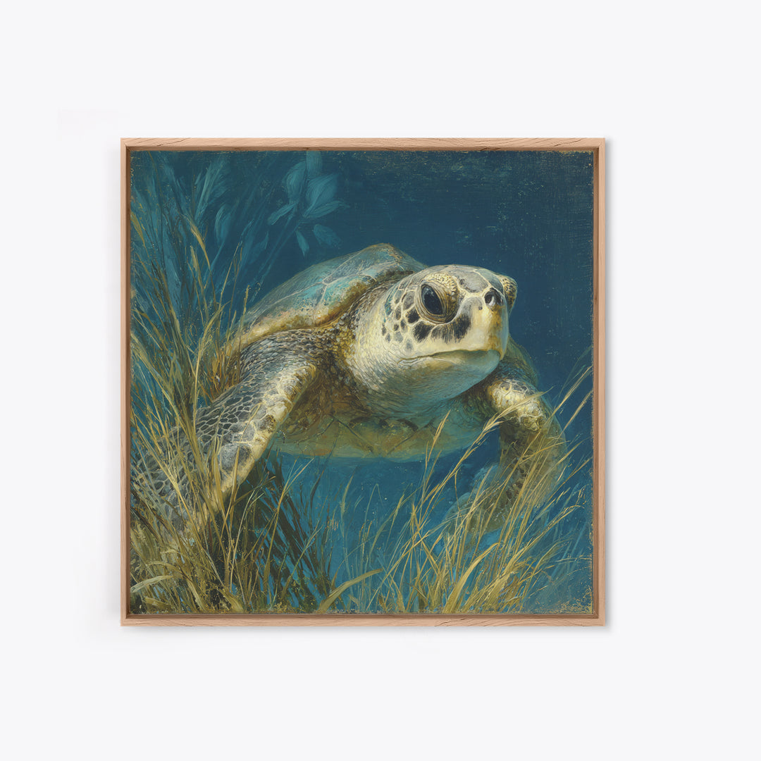 Sea Turtle Drifting Through Luminous Blue Water Canvas Print, Animal Art, Boho Wall Art, Living Room Decor, Creature, ANI-1x1-42