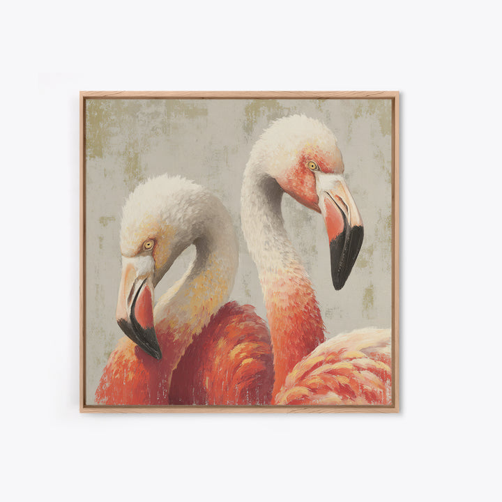 Flamingo Pair in Elegant Coral and Cream Framed Canvas Print, Animal Art, Farmhouse Decor, Living Room Decor, Oil Painting, ANI-1x1-43