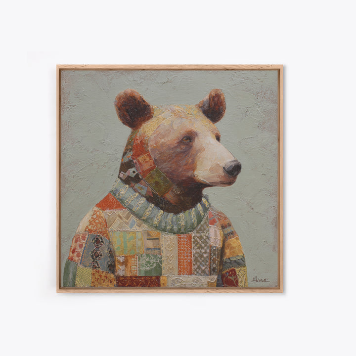 Whimsical Bear in a Patterned Sweater with Canvas Print, Animal Art, Modern Wall Art, Living Room Decor, Fine Art, Creature, ANI-1x1-50
