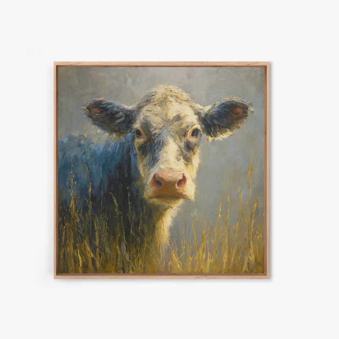 Gentle Cow Portrait Canvas Print, Animal Art, Trendy Wall Art, Living Room Decor, Fine Art, Creature, Textured Painting, ANI-1x1-55