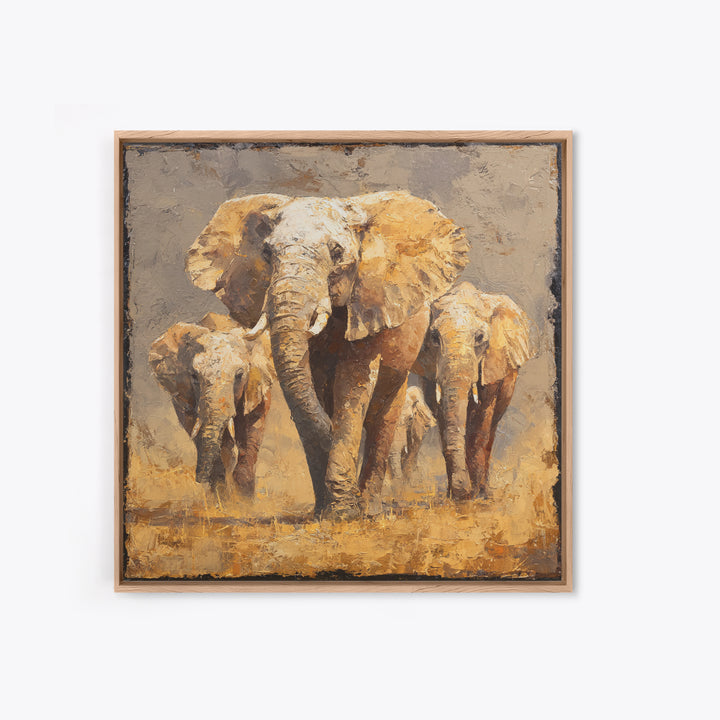 Elephant Family Walking Through Dusty Golden Light Canvas Print, Animal Art, Safari Nursery Decor, Living Room Decor, Creature, ANI-1x1-62
