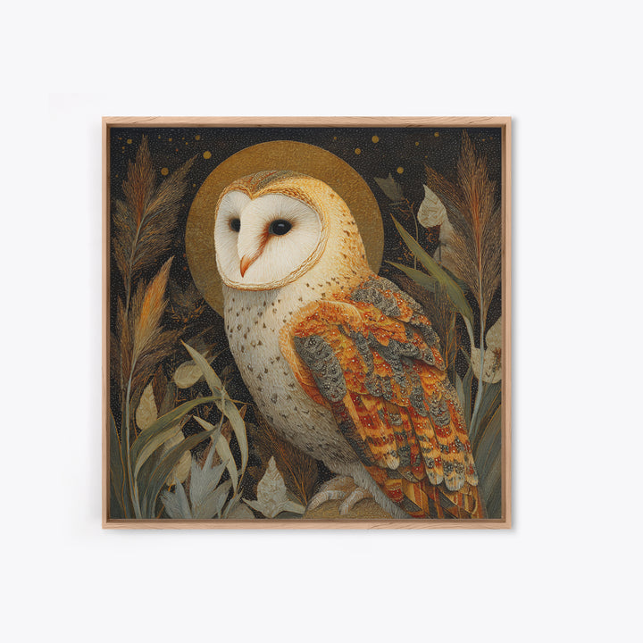 Owl with Moonlit Feathers and Celestial Accents Framed Canvas Print, Animal Art, Downloadable Art, Living Room Decor, Creature, ANI-1x1-63