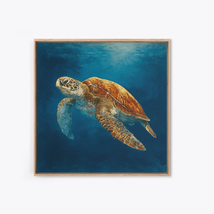 Sea Turtle Drifting Through Luminous Blue Water Canvas Print, Animal Art, Boho Wall Art, Living Room Decor, Creature, ANI-1x1-66