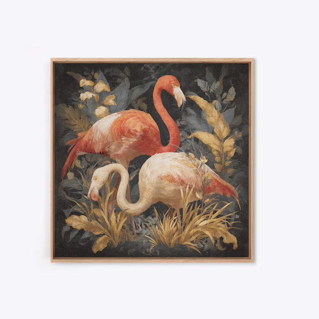 Flamingo Pair in Elegant Coral and Cream Framed Canvas Print, Animal Art, Gallery Decor, Living Room Decor, Fine Art, Creature, ANI-1x1-67
