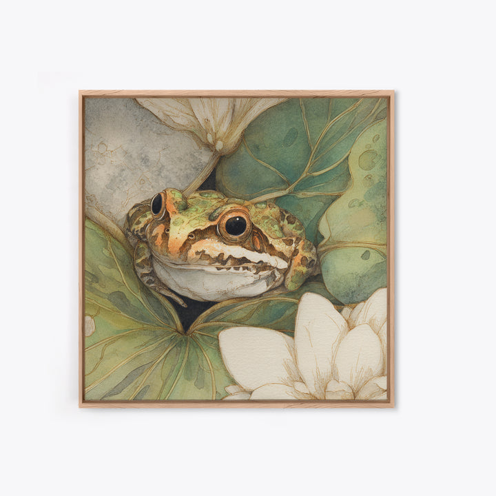 Frog on a Lotus Leaf Framed Canvas Print, Animal Art, Boho Wall Art, Living Room Decor, Oil Painting, Creature, ANI-1x1-68