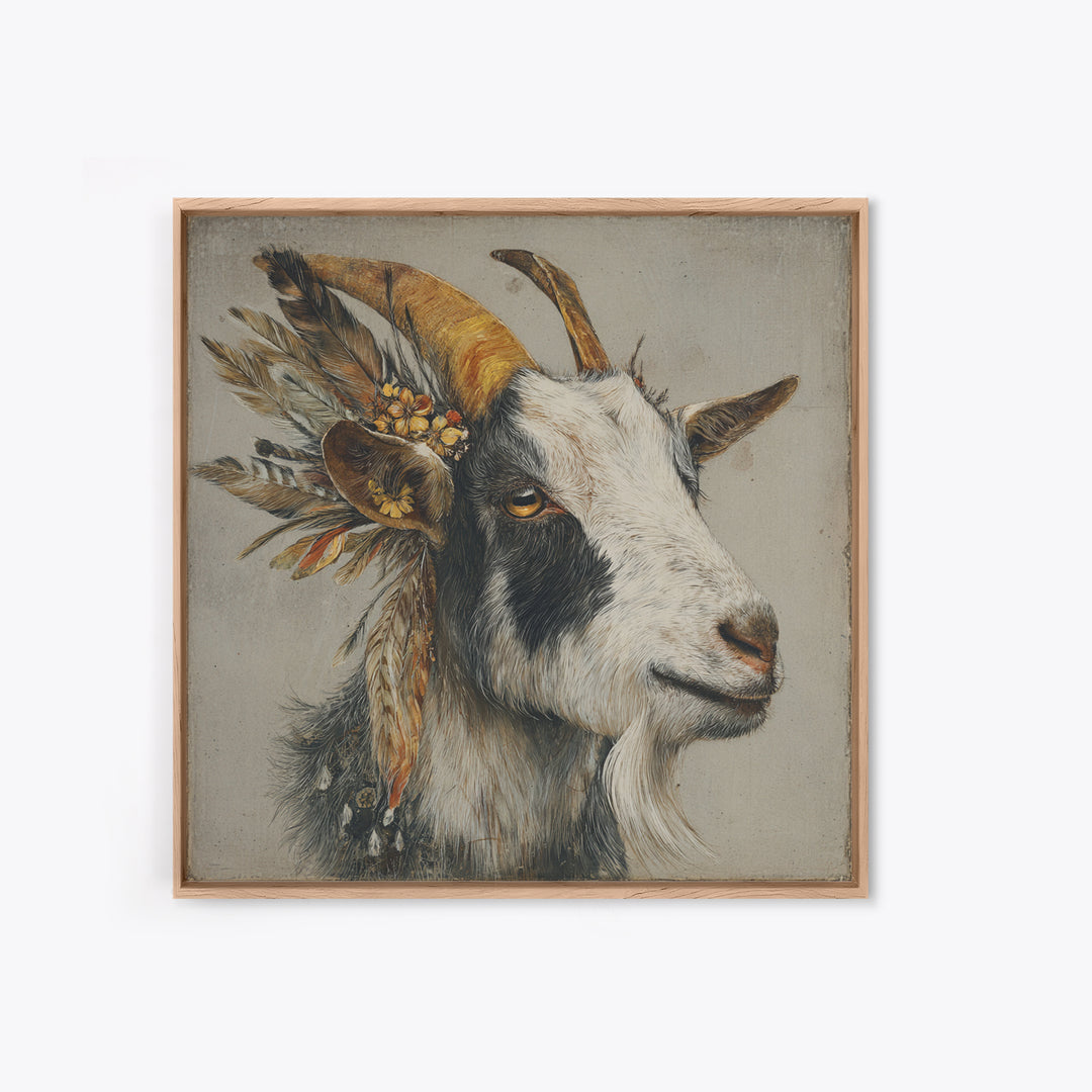 Goat Portrait with Rustic Folk Art Personality Canvas Print, Animal Art, Neutral Decor, Living Room Decor, Fine Art, Creature, ANI-1x1-69