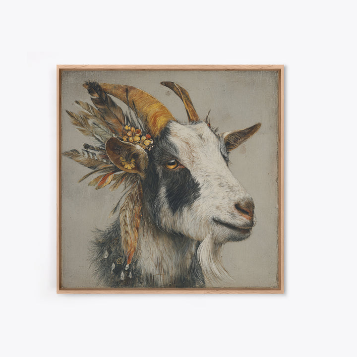 Goat Portrait with Rustic Folk Art Personality Canvas Print, Animal Art, Neutral Decor, Living Room Decor, Fine Art, Creature, ANI-1x1-69
