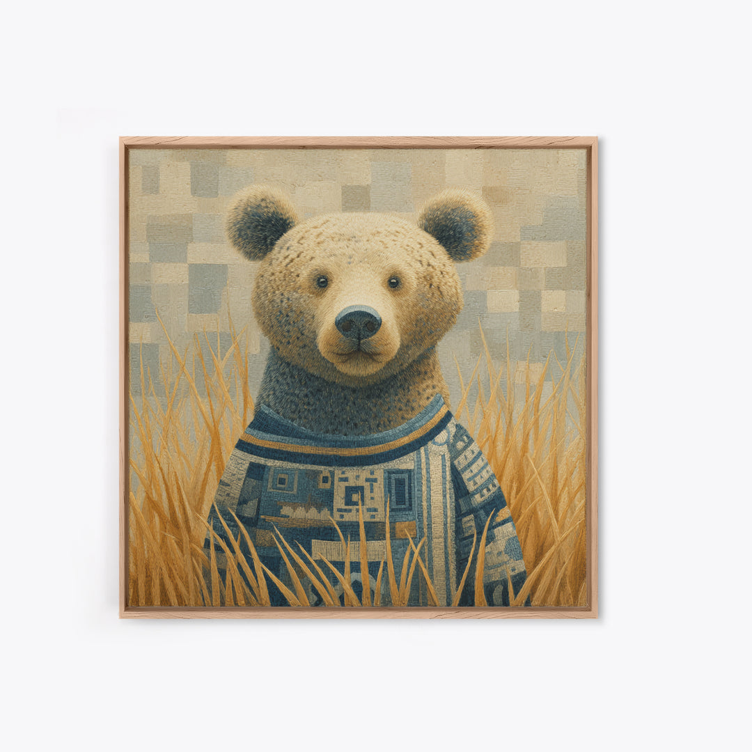 Whimsical Bear in a Patterned Sweater with Framed Canvas Print, Animal Art, Downloadable Art, Living Room Decor, Creature, ANI-1x1-74