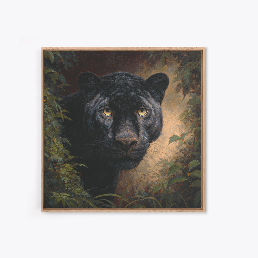 Dramatic Black Panther Emerging from Deep Jungle Framed Canvas Print, Animal Art, Gallery Decor, Living Room Decor, Creature, ANI-1x1-78