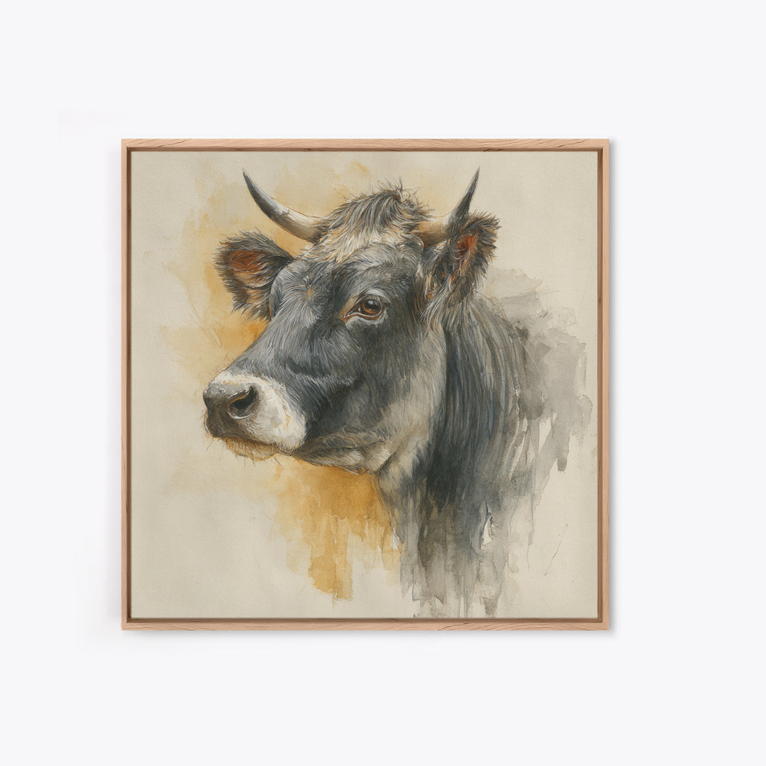 Gentle Cow Portrait Framed Canvas Print, Animal Art, Fine Art Print, Living Room Decor, Fine Art, Creature, Wall Decor, ANI-1x1-79