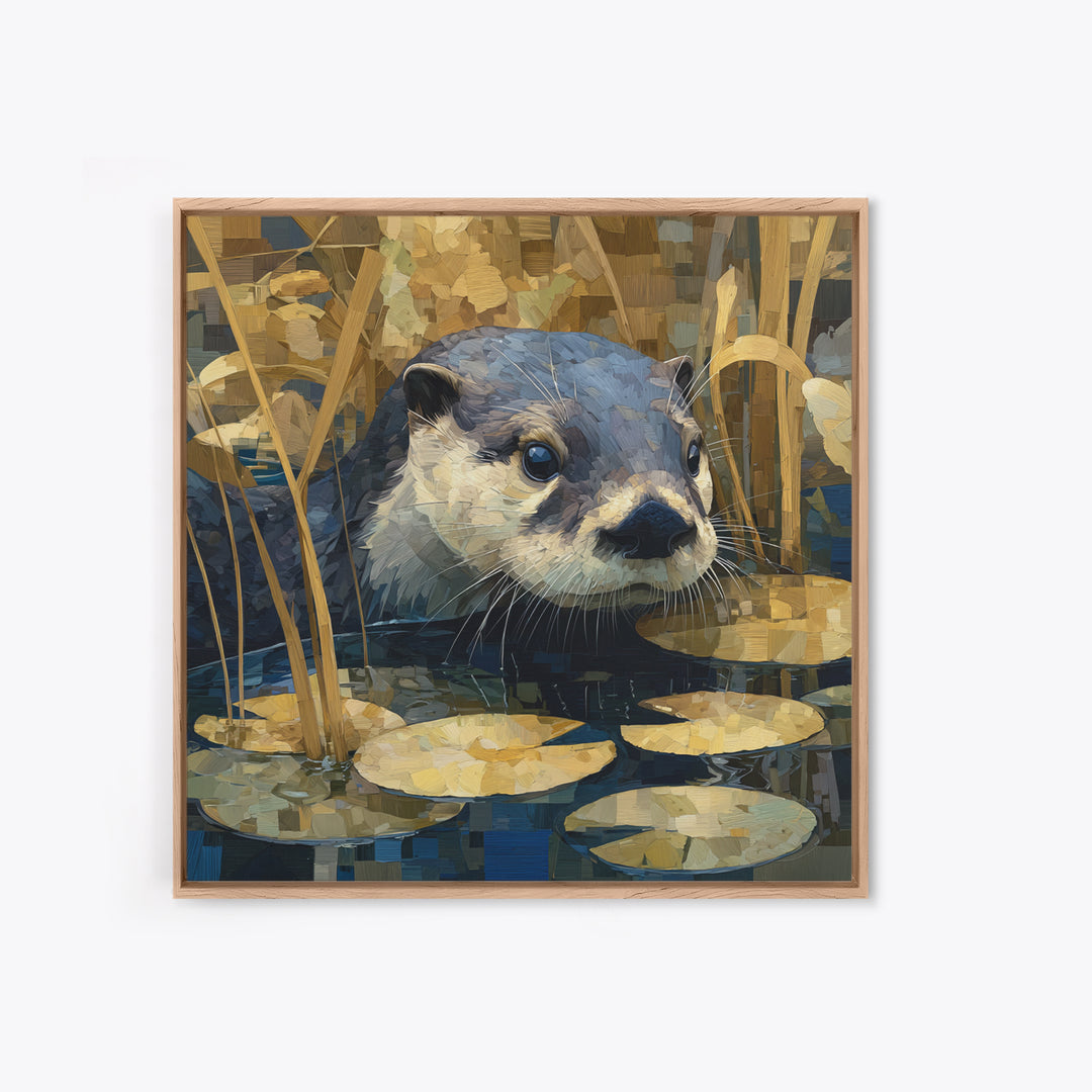 Playful Otter Floating Among Lily Pads Framed Canvas Print, Animal Art, Printable, Living Room Decor, Fine Art, Creature, ANI-1x1-8