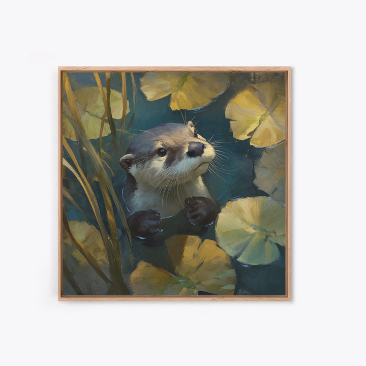 Playful Otter Floating Among Lily Pads Framed Canvas Print, Animal Art, Modern Decor, Living Room Decor, Fine Art, Creature, ANI-1x1-80