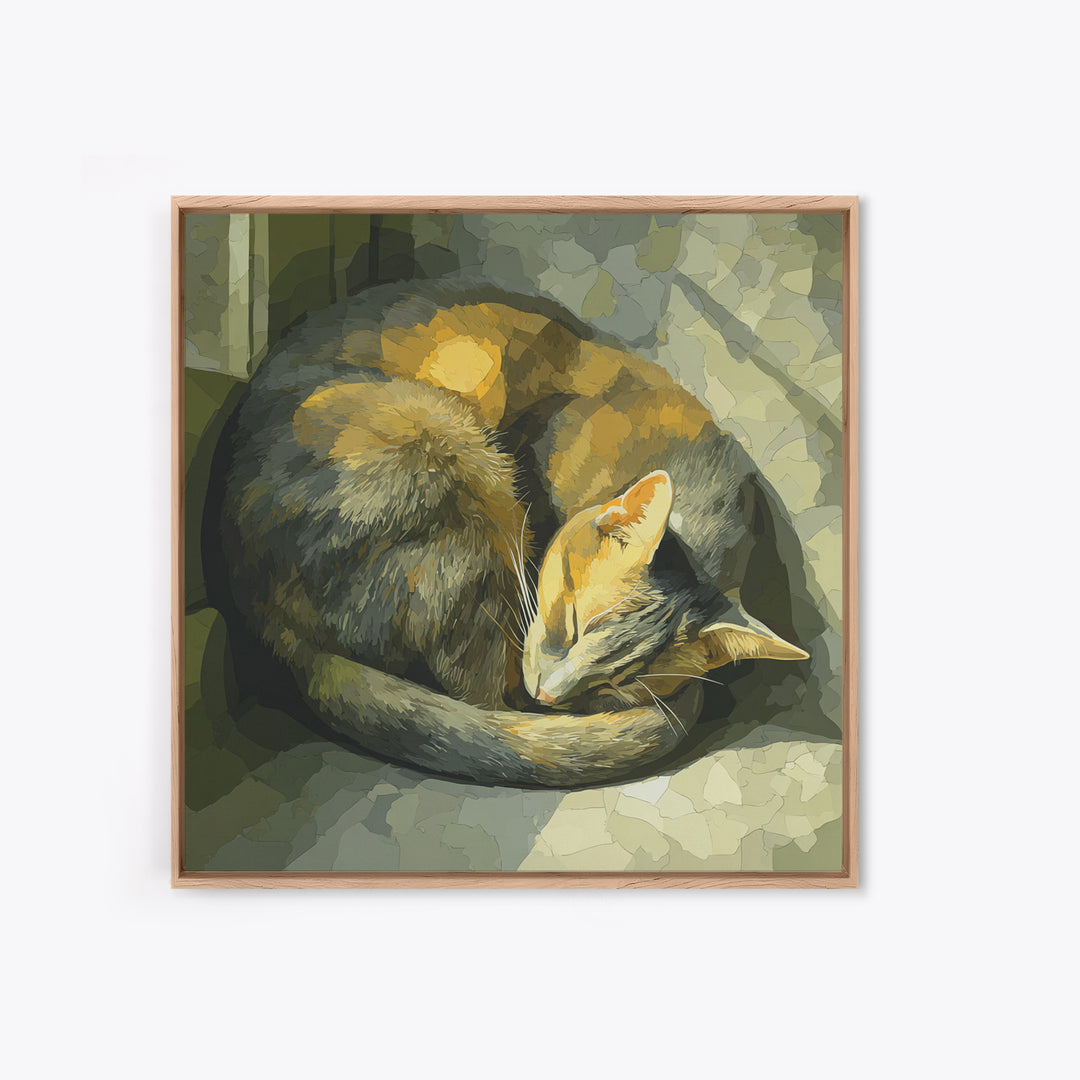 Sleeping Cat Curled Framed Canvas Print, Animal Art, Cat Art, Living Room Decor, Abstract Art, Creature, Art Print, ANI-1x1-84