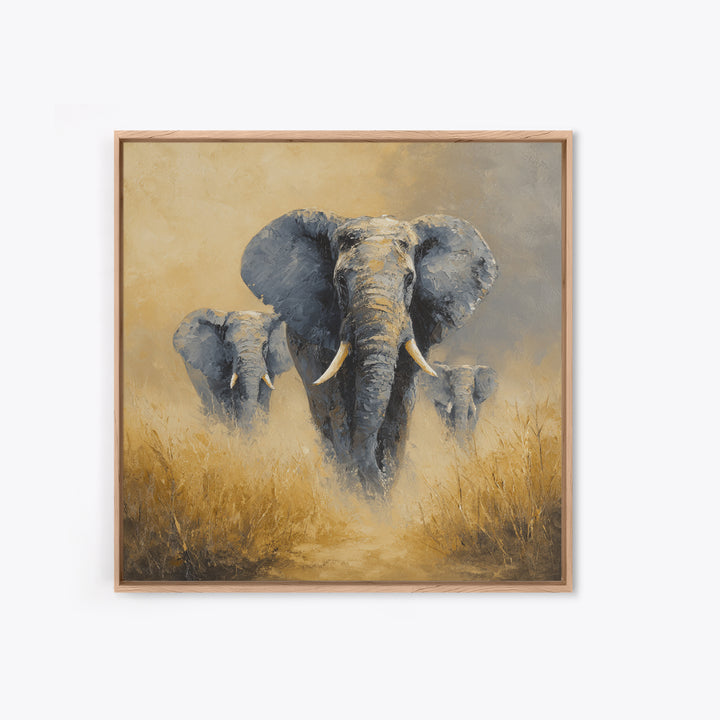 Elephant Family Walking Through Dusty Golden Light Canvas Print, Animal Art, Modern Decor, Living Room Decor, Creature, ANI-1x1-86