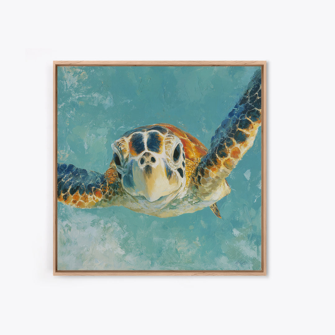 Sea Turtle Drifting Through Luminous Blue Water Canvas Print, Animal Art, Trendy Wall Art, Living Room Decor, Creature, ANI-1x1-90