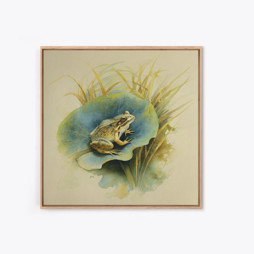 Frog on a Lotus Leaf Canvas Print, Animal Art, Trendy Wall Art, Living Room Decor, Watercolor Art, Creature, Textured Painting, ANI-1x1-92