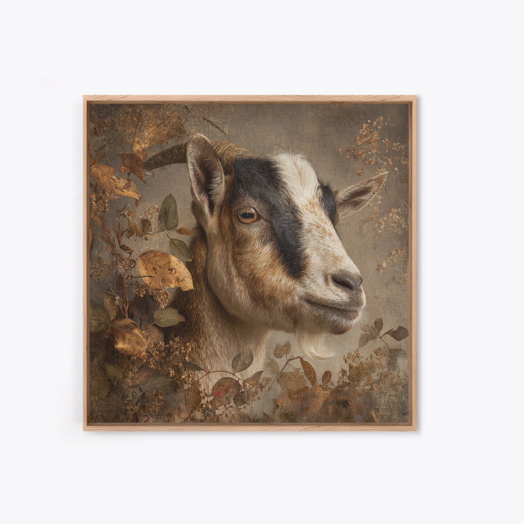 Goat Portrait with Rustic Folk Art Personality Framed Canvas Print, Animal Art, Luxury Decor, Living Room Decor, Oil Painting, ANI-1x1-93