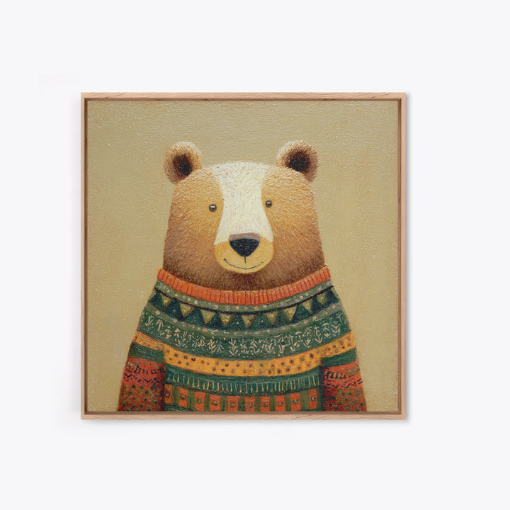 Whimsical Bear in a Patterned Sweater with Canvas Print, Animal Art, Boho Decor, Living Room Decor, Fine Art, Creature, ANI-1x1-98