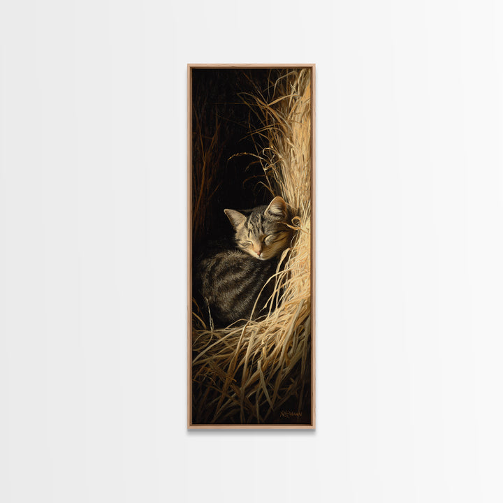 Sleeping Cat Curled Framed Canvas Print, Animal Art, Art Print, Living Room Decor, Fine Art, Creature, Digital Art, Printable, ANI-1x3-24