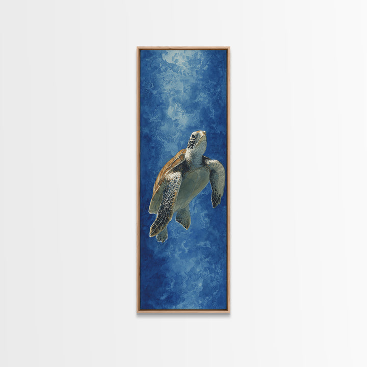 Sea Turtle Drifting Through Luminous Blue Water Canvas Print, Animal Art, Modern Wall Art, Living Room Decor, Creature, ANI-1x3-54