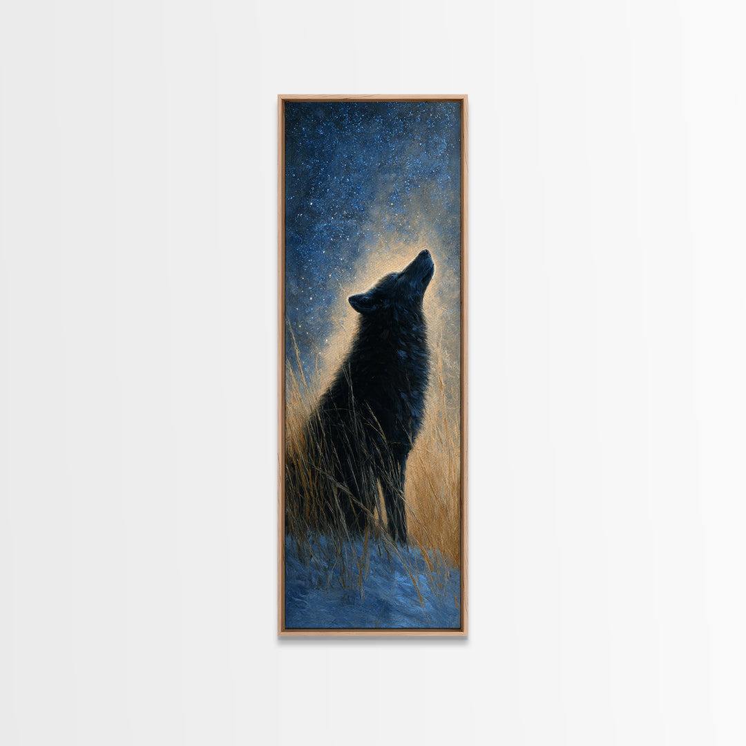 Wolf Silhouette Beneath a Star Filled Sky Framed Canvas Print, Animal Art, Nursery Art, Living Room Decor, Watercolor Art, ANI-1x3-58