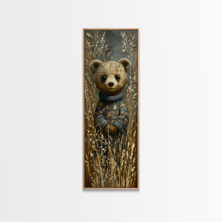Whimsical Bear in a Patterned Sweater with Framed Canvas Print, Animal Art, Neutral Decor, Living Room Decor, Creature, ANI-1x3-62