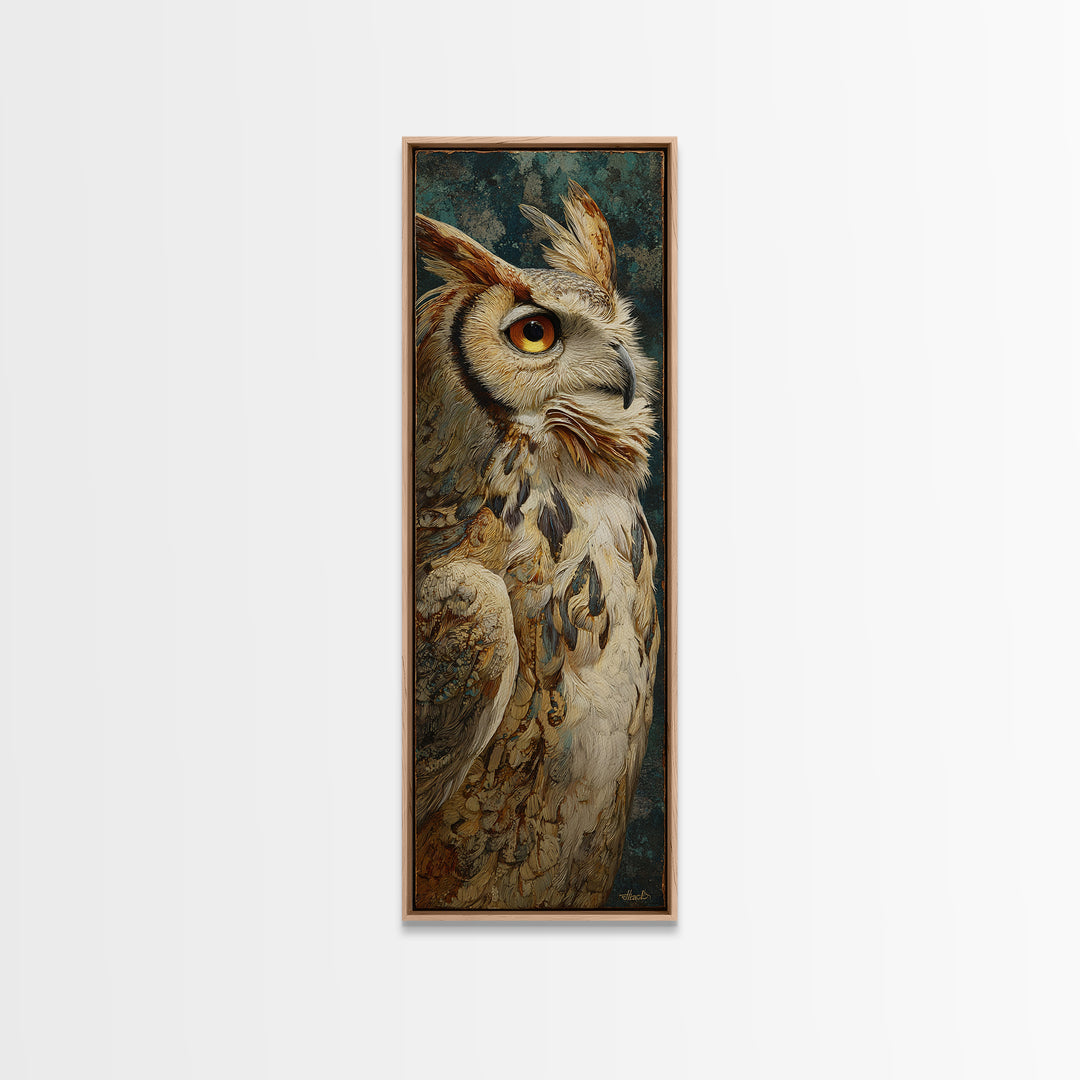 Owl with Moonlit Feathers and Celestial Accents Framed Canvas Print, Animal Art, Living Room Decor, Fine Art, Creature, ANI-1x3-75