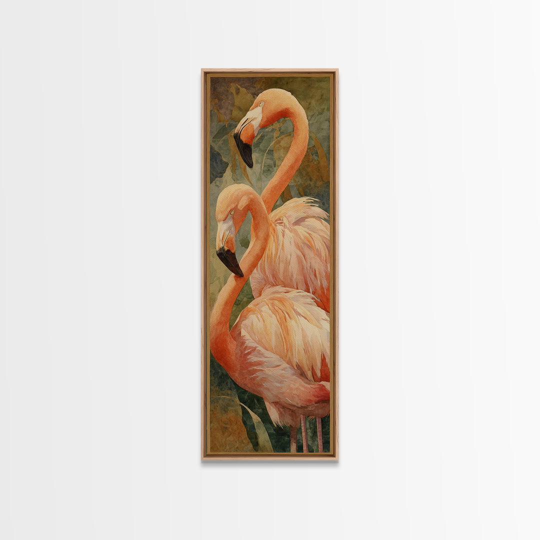 Flamingo Pair in Elegant Coral and Cream Framed Canvas Print, Animal Art, Digital Print, Living Room Decor, Fine Art, Creature, ANI-1x3-79