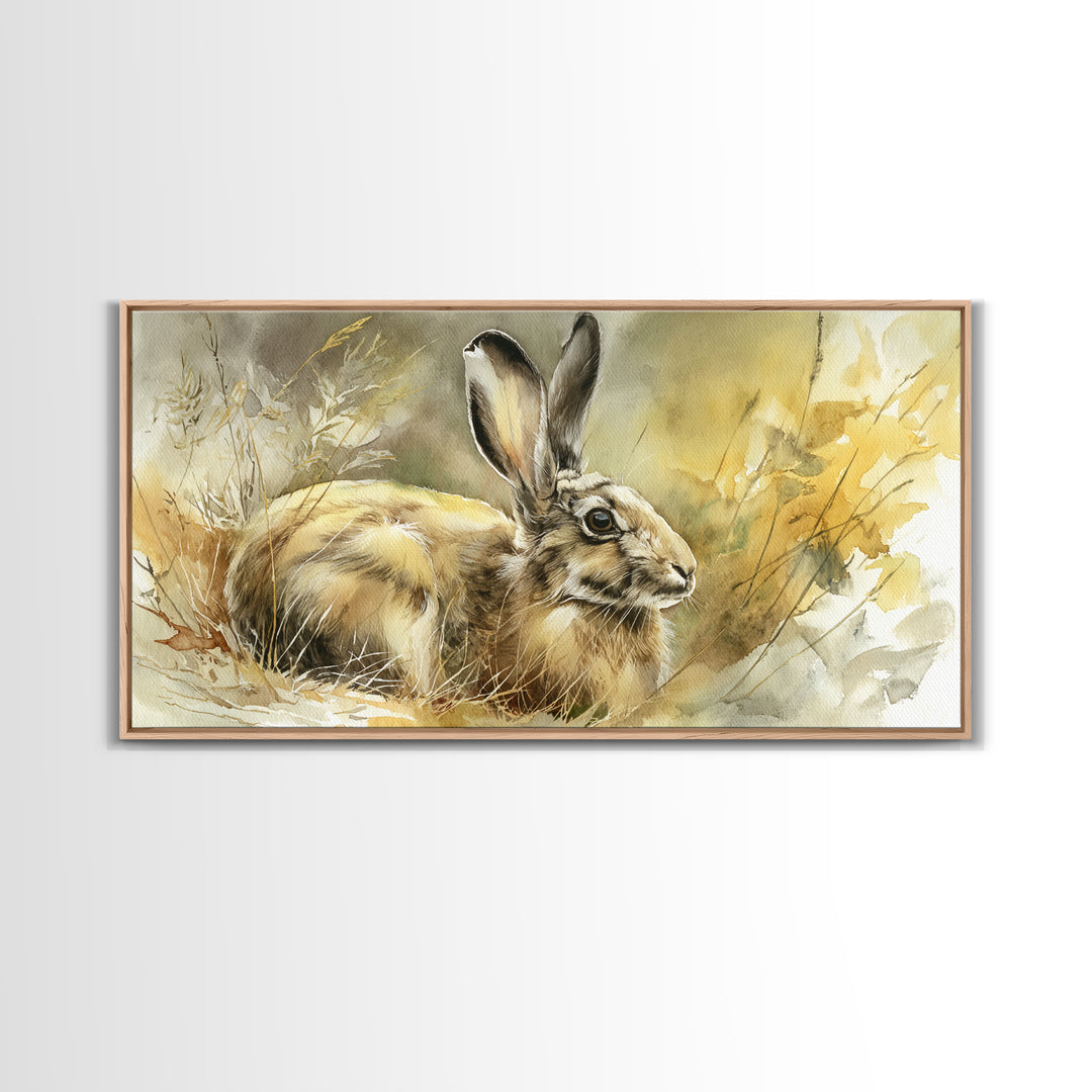 Curious Rabbit in a Soft Watercolor Meadow Framed Canvas Print, Animal Art, Living Room Decor, Oil Painting, Creature, ANI-2x1-1