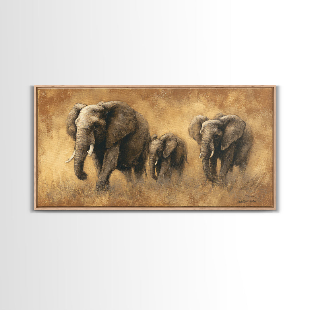 Elephant Family Walking Through Dusty Golden Light Framed Canvas Print, Animal Art, Art Print, Living Room Decor, Creature, ANI-2x1-10