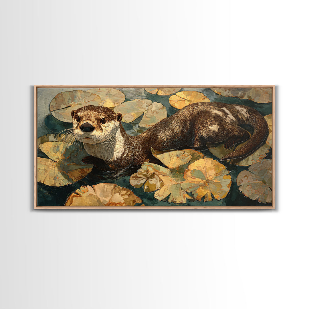 Playful Otter Floating Among Lily Pads Framed Canvas Print, Animal Art, Living Room Decor, Fine Art, Creature, Fine Art Print, ANI-2x1-100