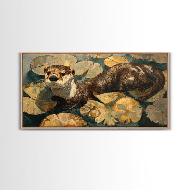 Playful Otter Floating Among Lily Pads Framed Canvas Print, Animal Art, Living Room Decor, Fine Art, Creature, Fine Art Print, ANI-2x1-100