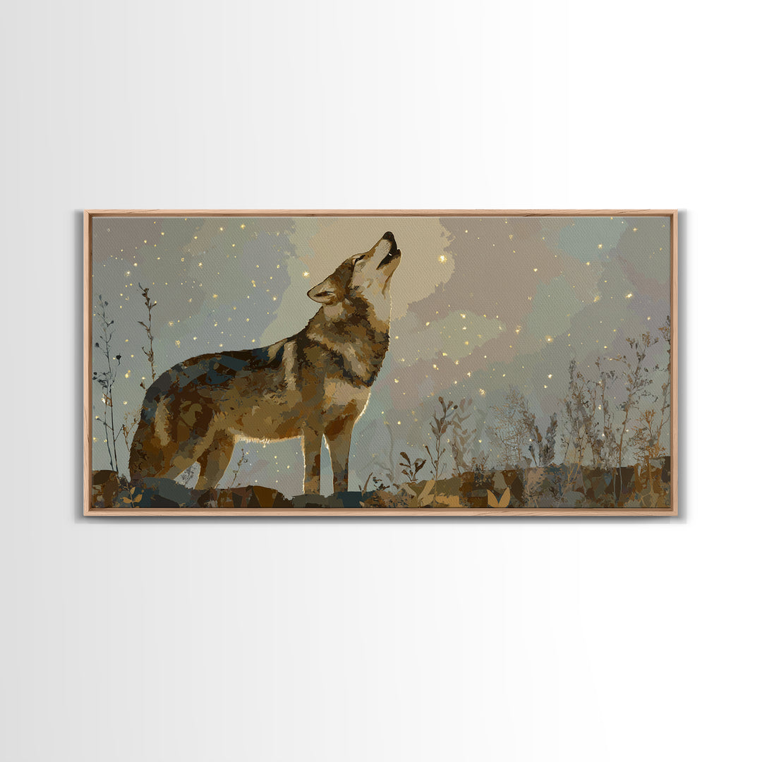 Wolf Silhouette Beneath a Star Filled Sky Framed Canvas Print, Animal Art, Statement Artwork, Living Room Decor, Creature, ANI-2x1-18