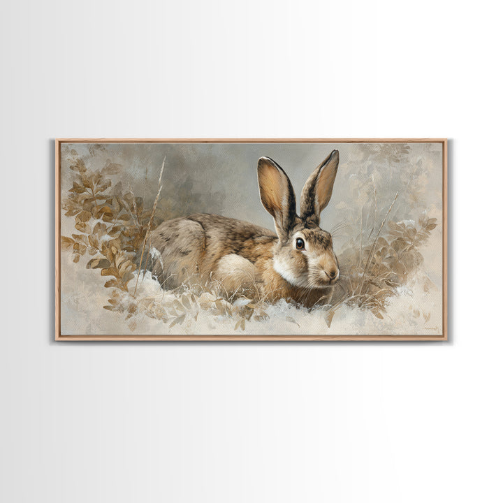 Curious Rabbit in a Soft Watercolor Meadow Framed Canvas Print, Animal Art, Living Room Decor, Oil Painting, Creature, ANI-2x1-25
