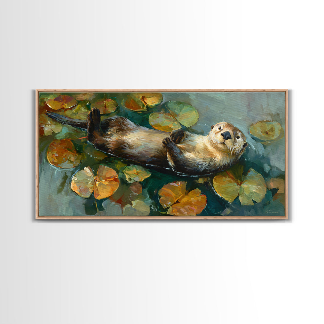 Playful Otter Floating Among Lily Pads Framed Canvas Print, Animal Art, Minimalist Decor, Living Room Decor, Fine Art, Creature, ANI-2x1-28