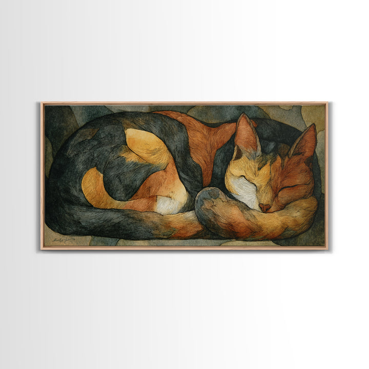 Sleeping Cat Curled Canvas Print, Animal Art, Contemporary Art, Living Room Decor, Oil Painting, Creature, Digital Wall Art, ANI-2x1-32